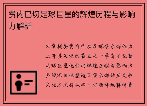 费内巴切足球巨星的辉煌历程与影响力解析